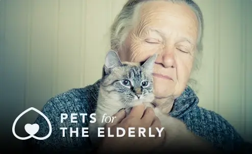 photo of woman holding a cat with Pets for the Elderly logo