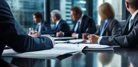 A group of professionally dressed individuals seated around a conference table in a modern office setting.